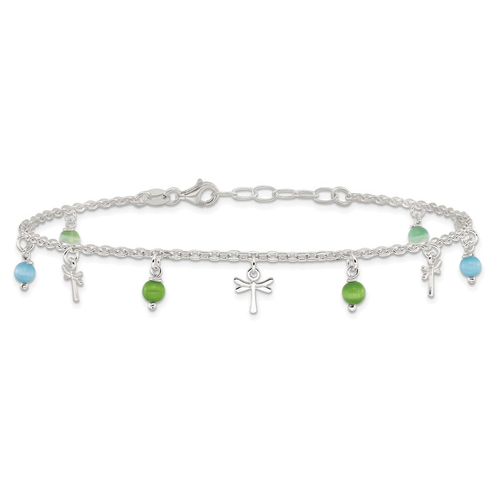 Sterling Silver Dragonfly with Aqua and Green Beads Plus Extender - Total Anklet