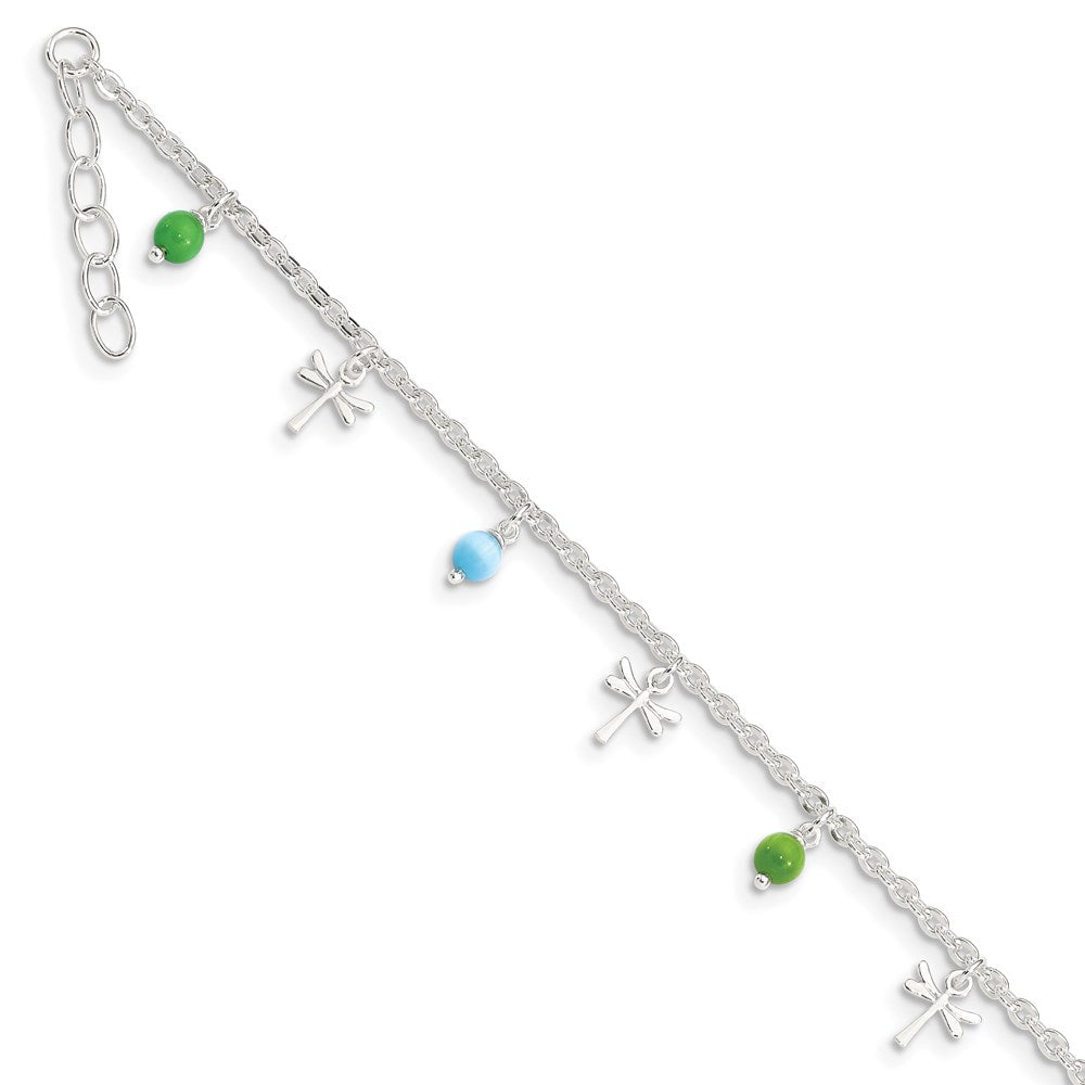 Sterling Silver Dragonfly with Aqua and Green Beads Plus Extender - Total Anklet