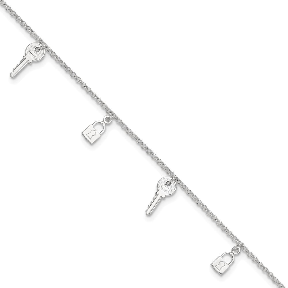 Sterling Silver Polished Lock and Key Plus Ext. Anklet