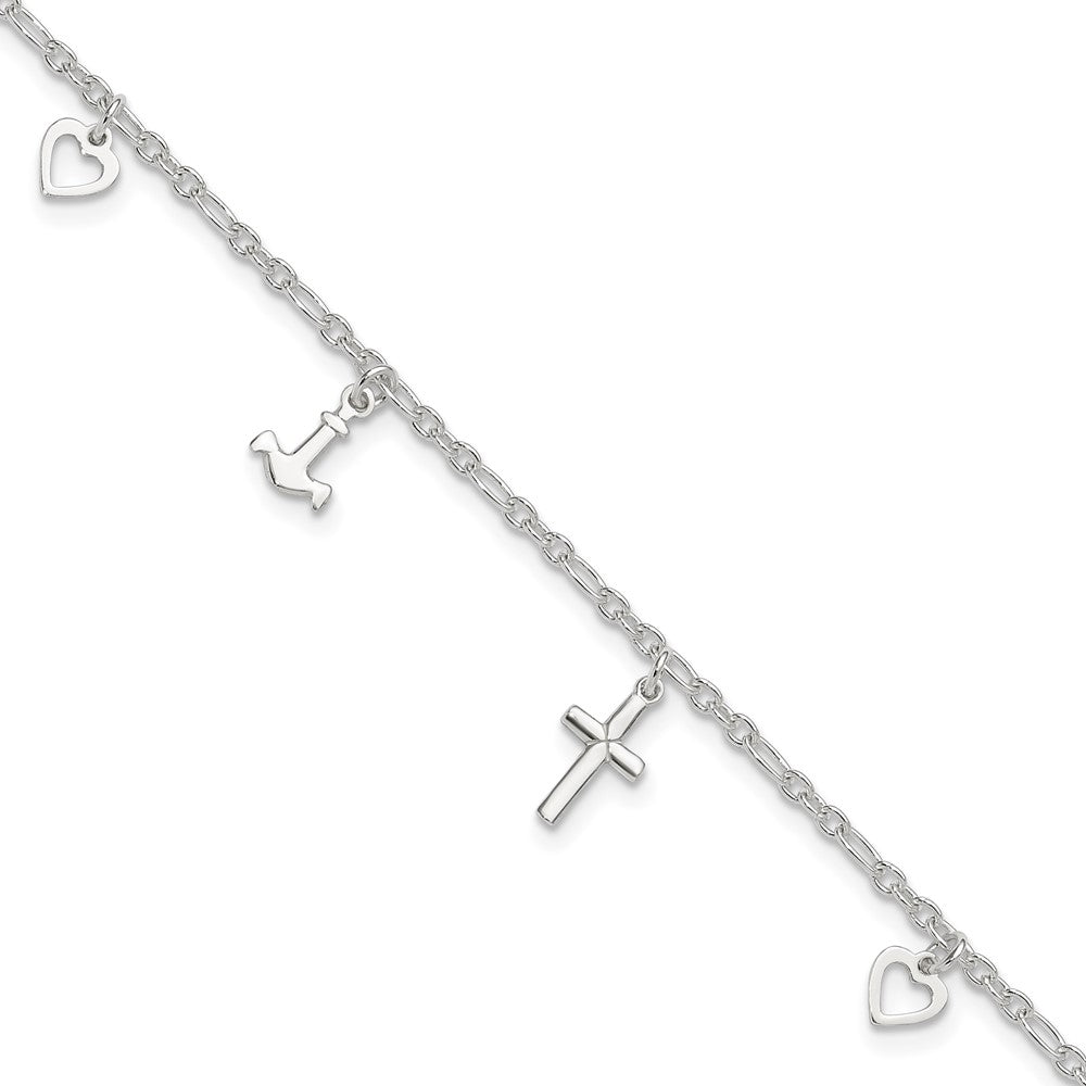 Sterling Silver Cross Heart and Anchor Plus ext Anklet