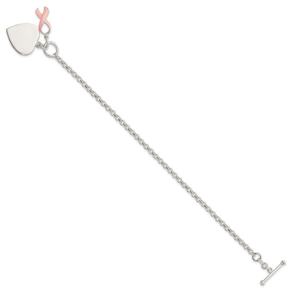 Sterling Silver Engravable 24x Heart Charm with Pink Enameled Awareness Ribbon Toggle Bracelet