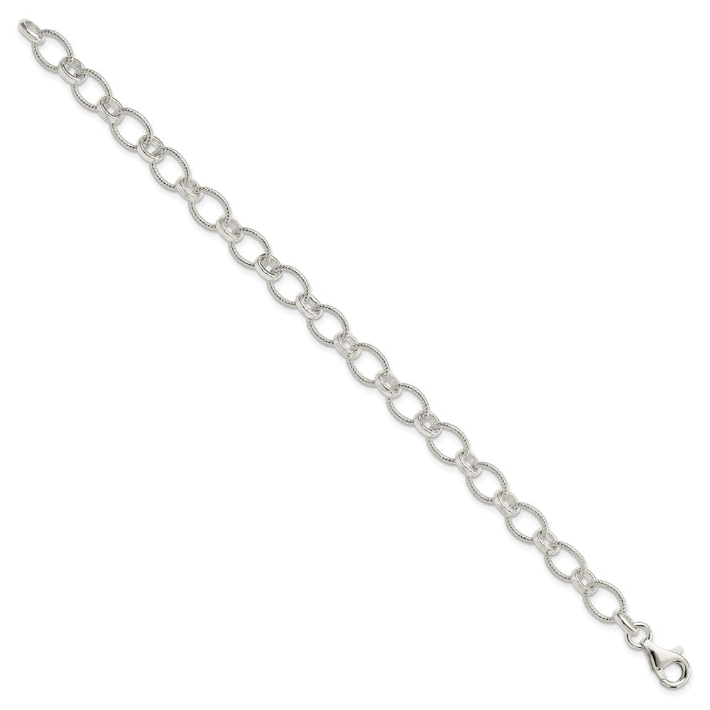 Sterling Silver Polished and Textured Fancy Cable Link Bracelet
