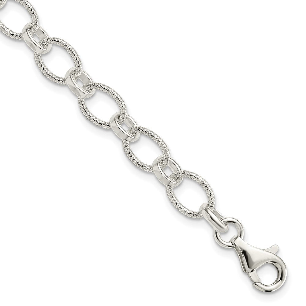Sterling Silver Polished and Textured Fancy Cable Link Bracelet