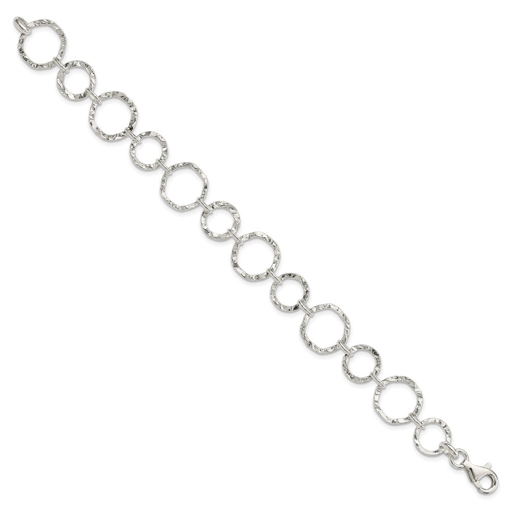 Sterling Silver Polished Textured Fancy Circle Link Bracelet