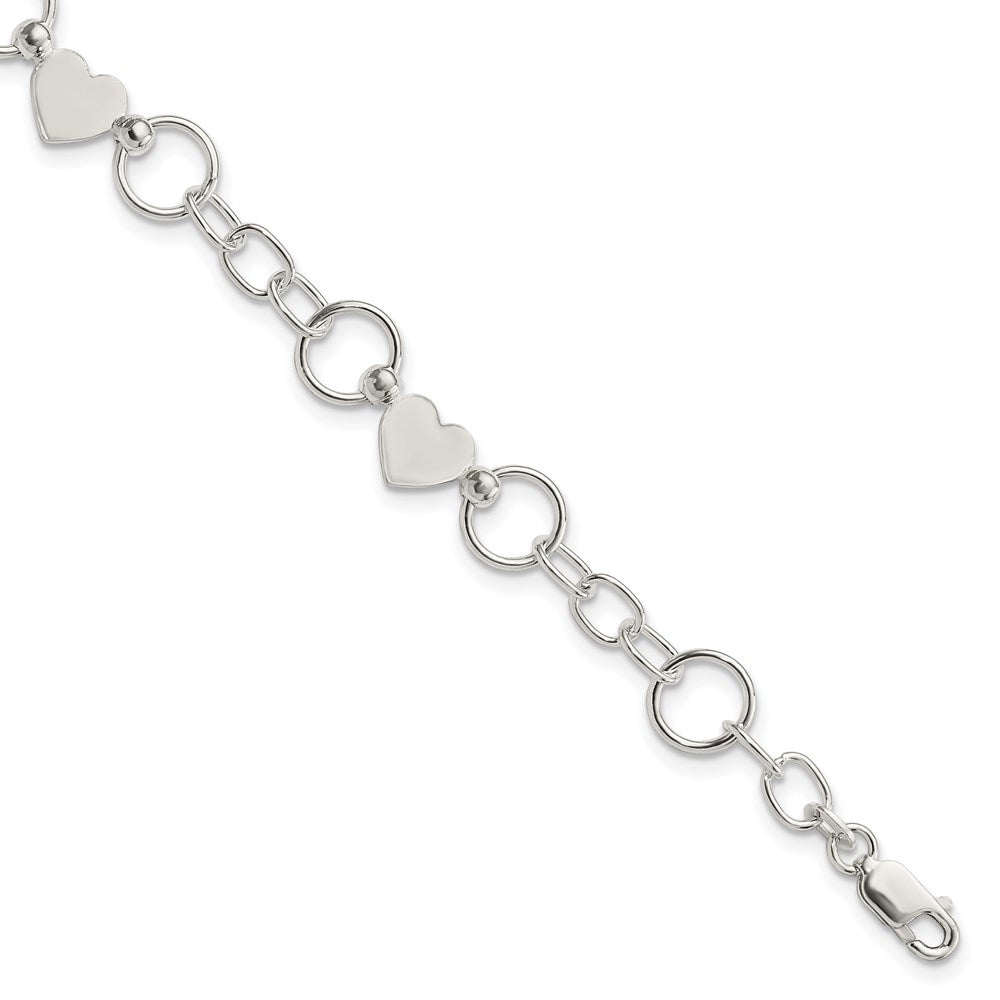 Sterling Silver Polished Heart and Chain Bracelet