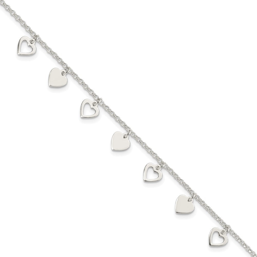 Sterling Silver Polished Heart Charms Bracelet
