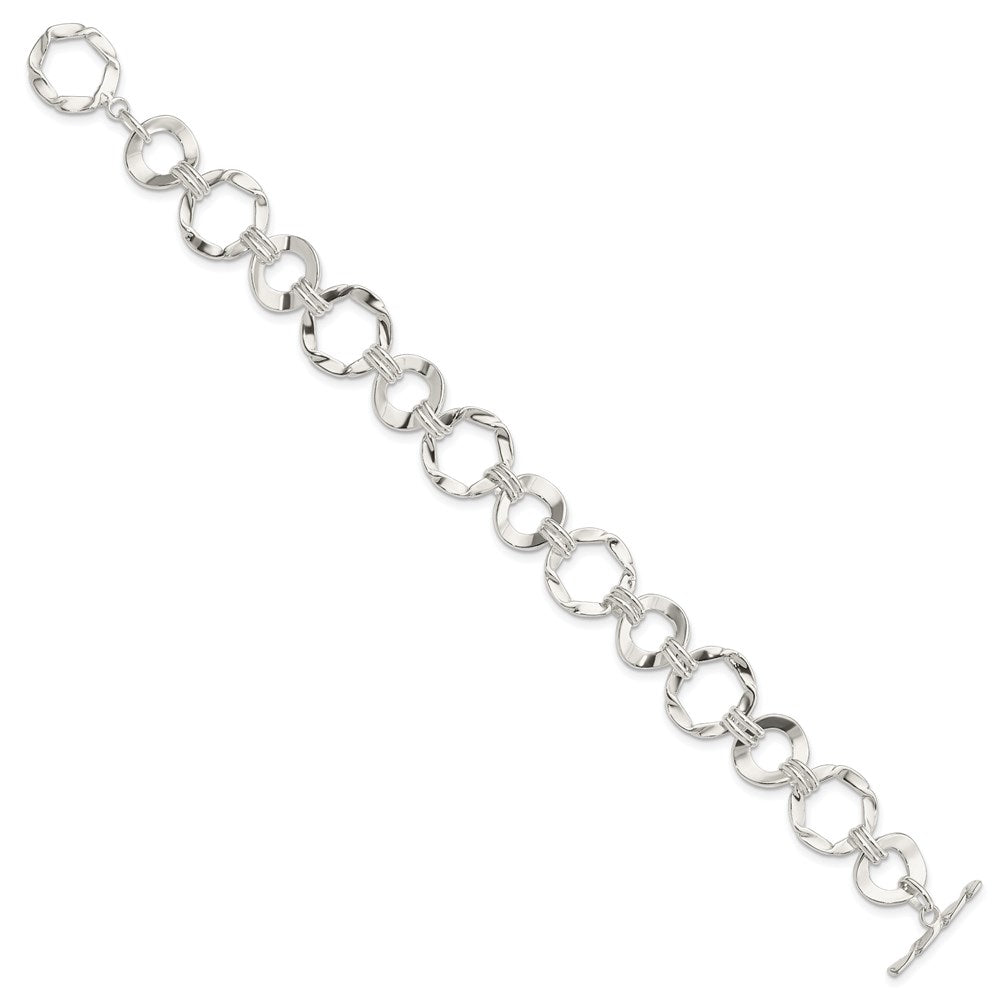 Sterling Silver Polished Textured Fancy Circle Link Toggle Bracelet