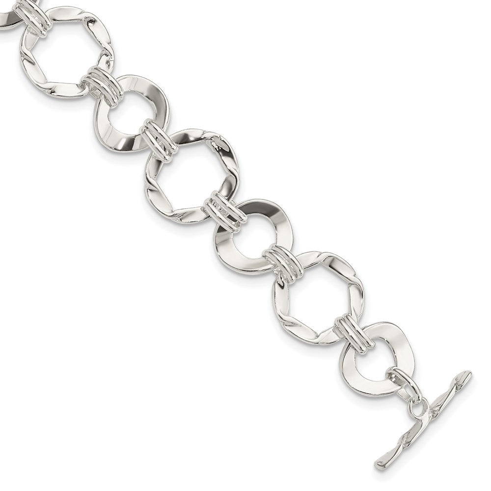 Sterling Silver Polished Textured Fancy Circle Link Toggle Bracelet