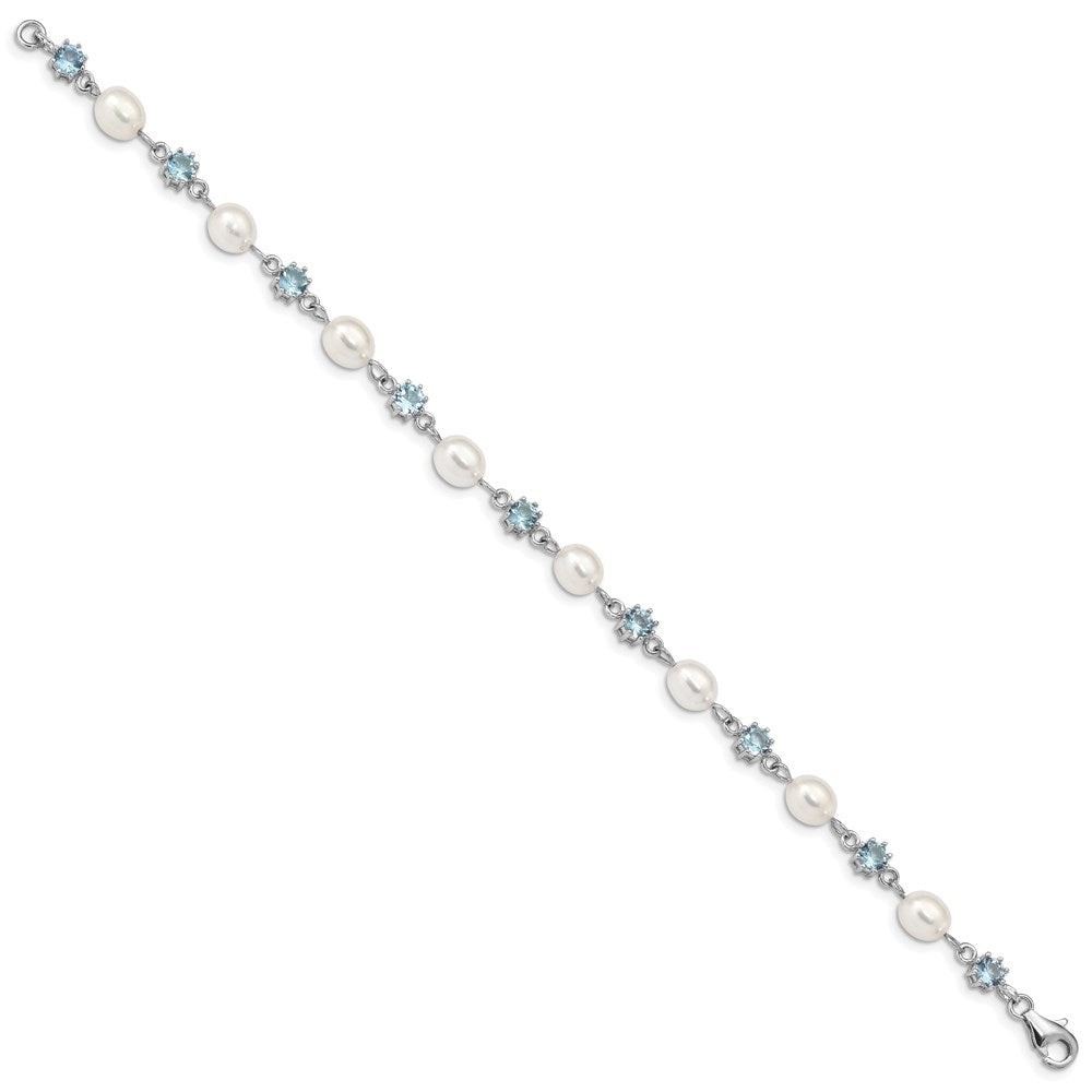 Sterling Silver Rhodium-plated Blue CZ and White Freshwater Cultured Pearl Bracelet