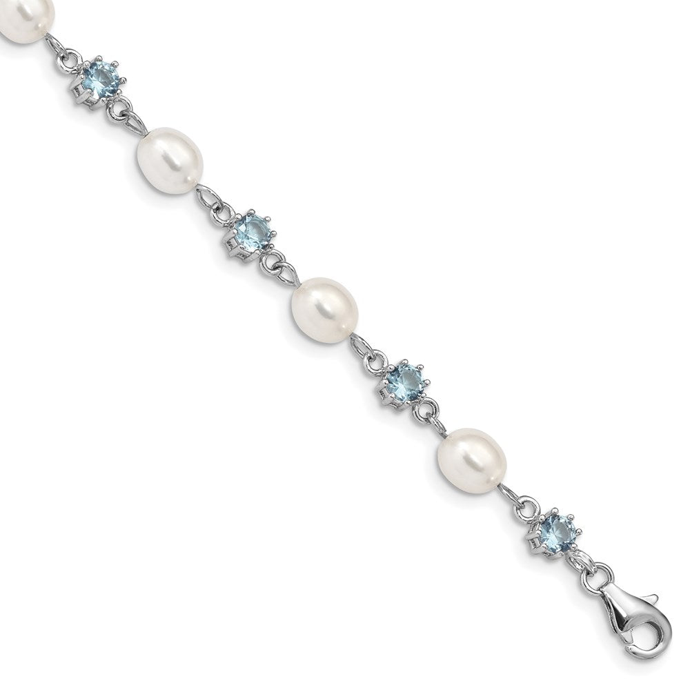 Sterling Silver Rhodium-plated Blue CZ and White Freshwater Cultured Pearl Bracelet