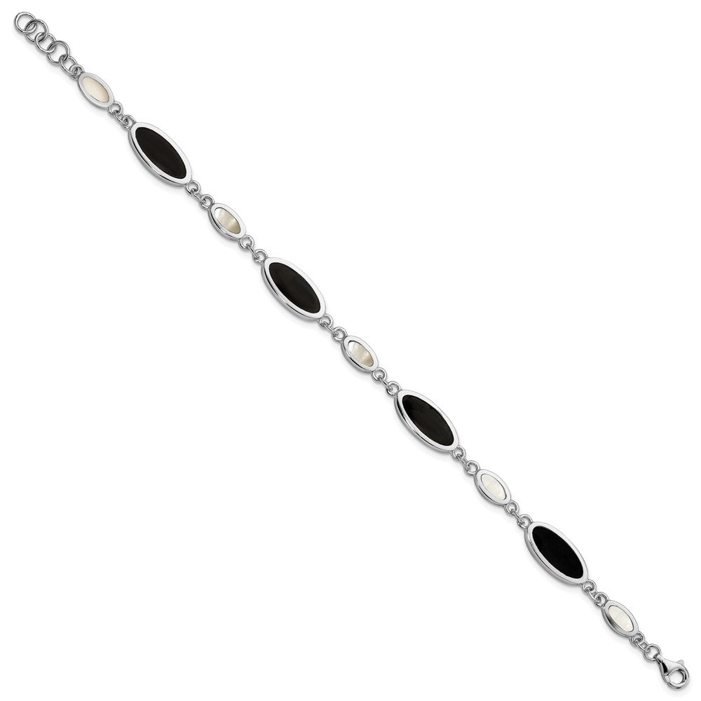 Sterling Silver Rhodium-plated Oval Onyx and Mother of Pearl Bracelet