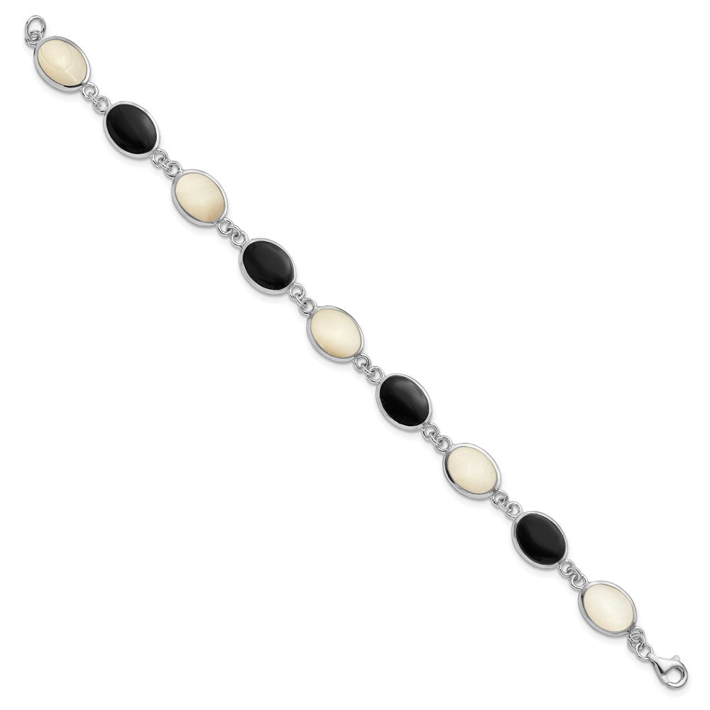 Sterling Silver Rhodium-plated Oval Onyx and Mother of Pearl Bracelet