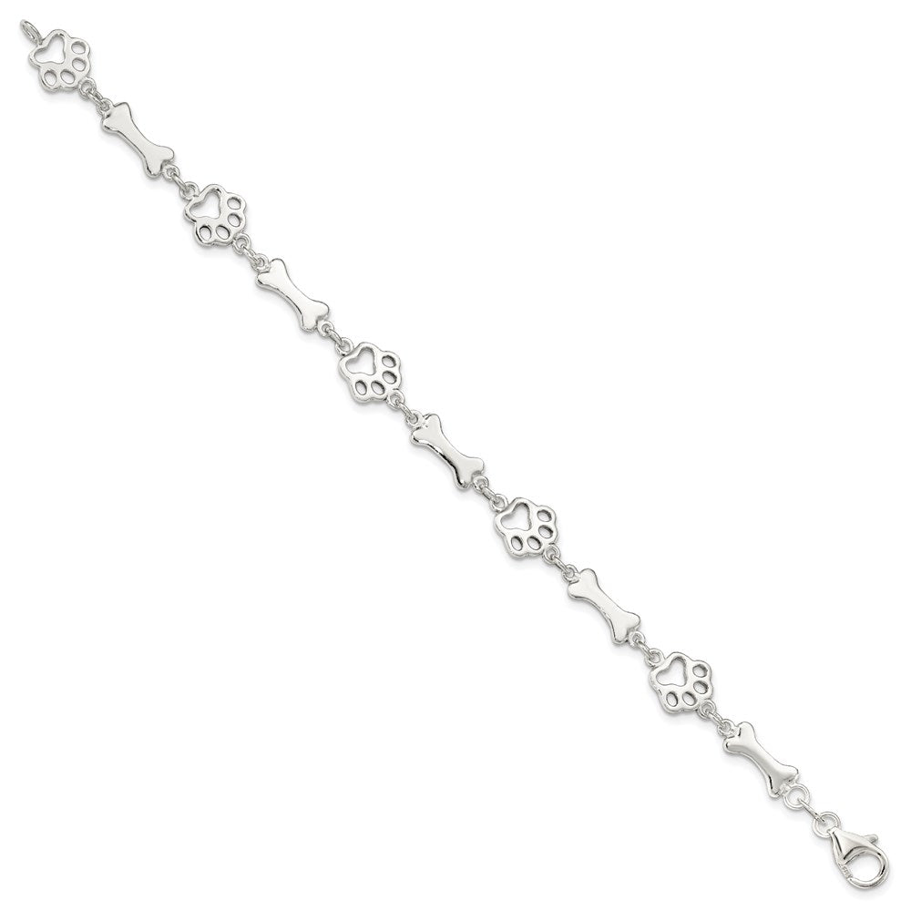 Sterling Silver Polished Dog Bones and Paws Bracelet