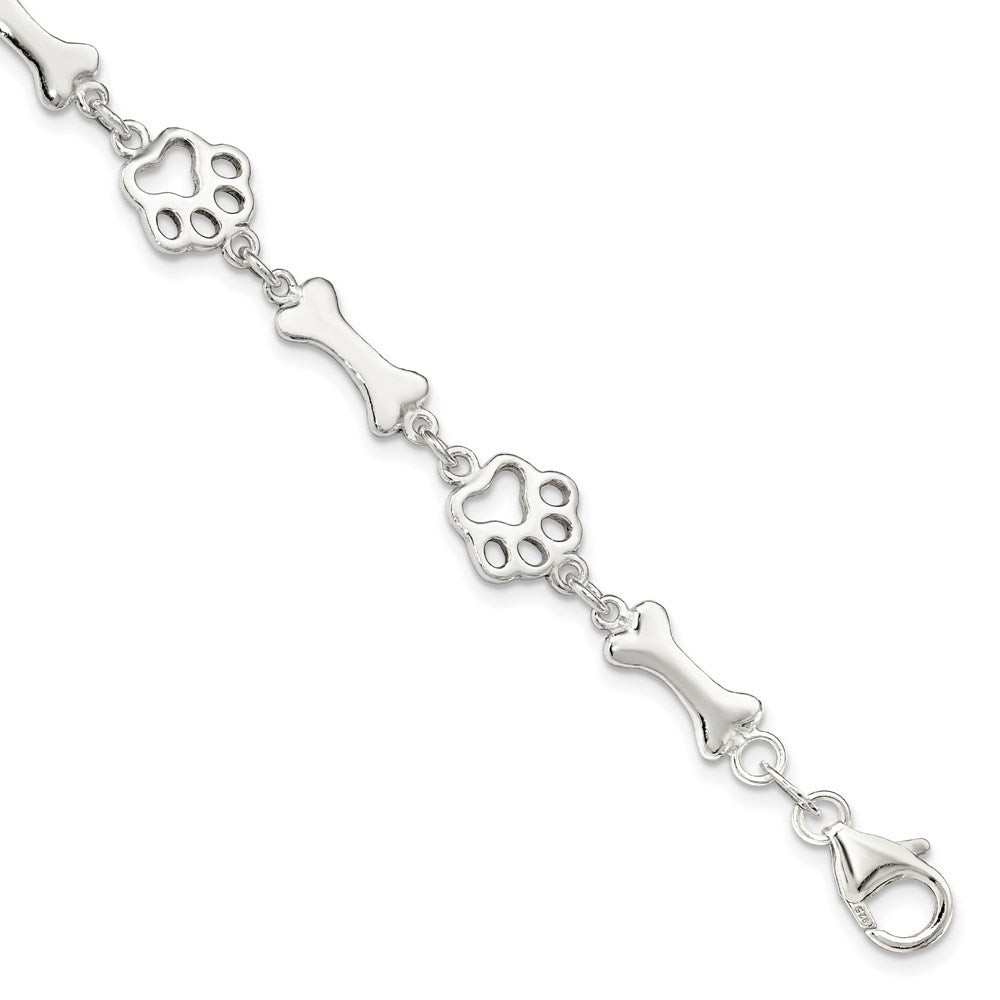 Sterling Silver Polished Dog Bones and Paws Bracelet