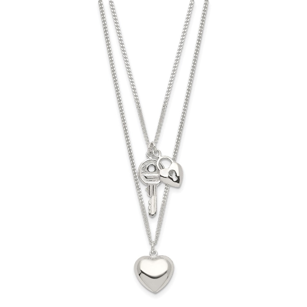 Sterling Silver Polished 2-Strand Heart and Key Necklace