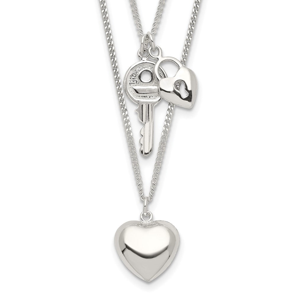 Sterling Silver Polished 2-Strand Heart and Key Necklace