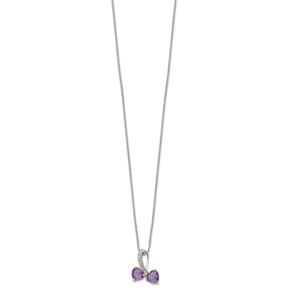 Brilliant Gemstones Sterling Silver with 14K Accent Rhodium-plated Amethyst and Diamond Heart 18 Inch Necklace with 2 Inch Extender