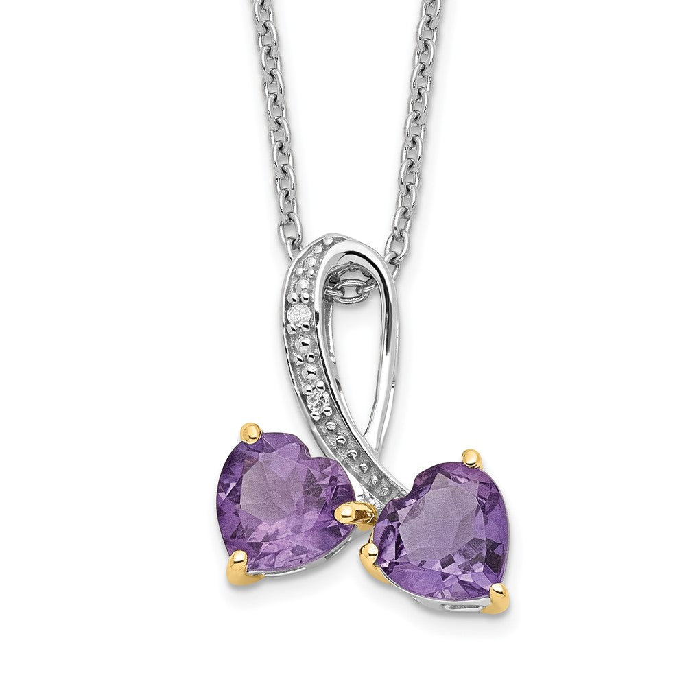 Brilliant Gemstones Sterling Silver with 14K Accent Rhodium-plated Amethyst and Diamond Heart 18 Inch Necklace with 2 Inch Extender