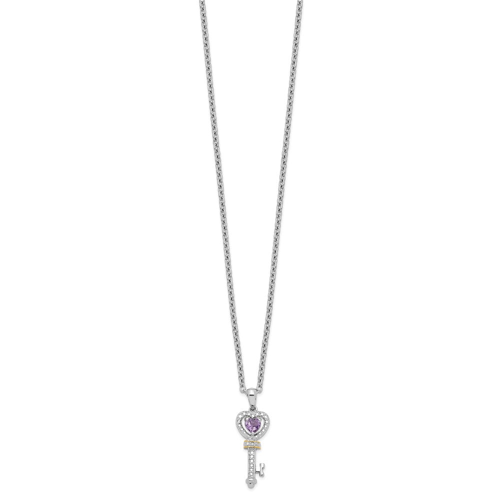 Brilliant Gemstones Sterling Silver with 14K Accent Rhodium-plated Amethyst and Diamond Key 18 Inch Necklace with 2 Inch Extender