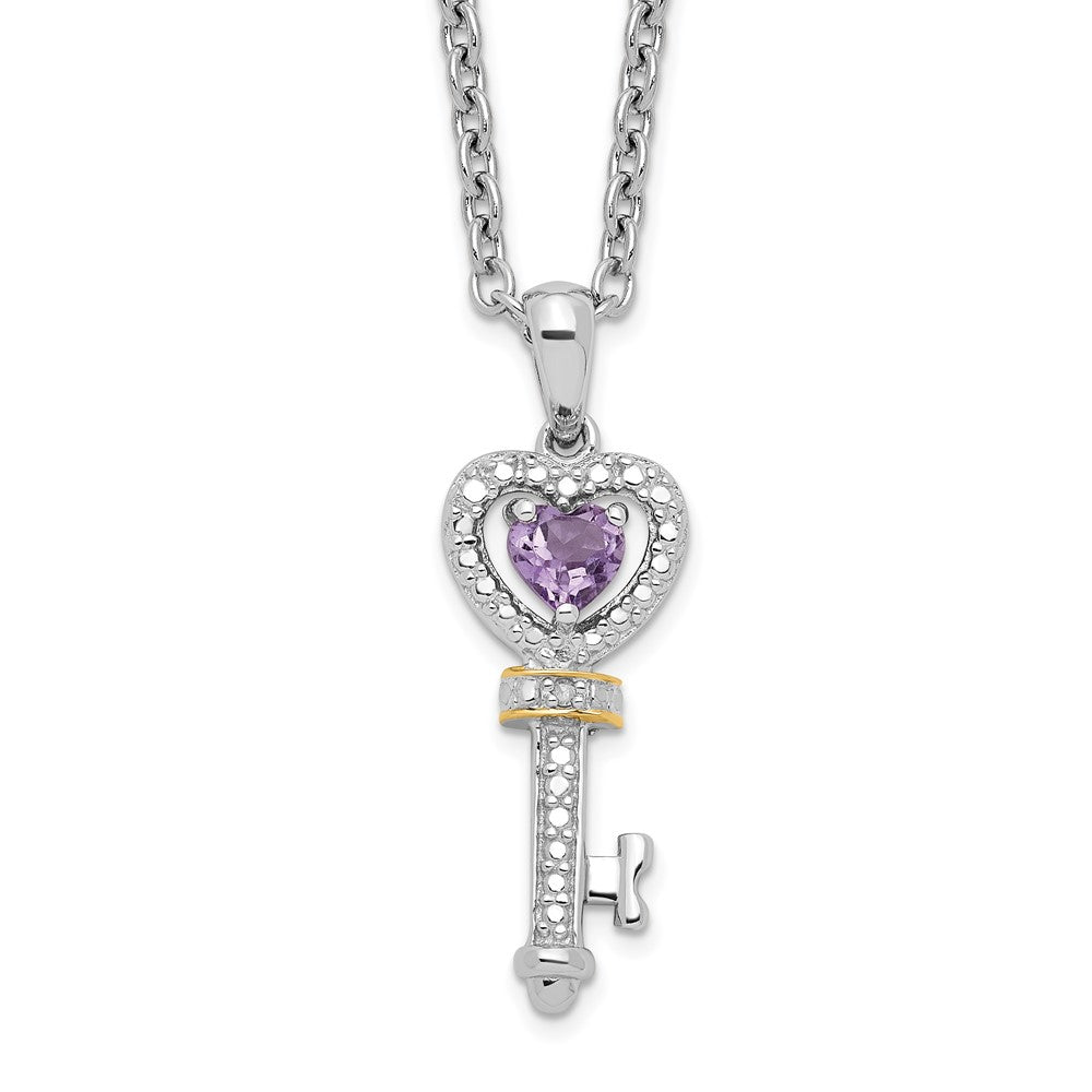 Brilliant Gemstones Sterling Silver with 14K Accent Rhodium-plated Amethyst and Diamond Key 18 Inch Necklace with 2 Inch Extender