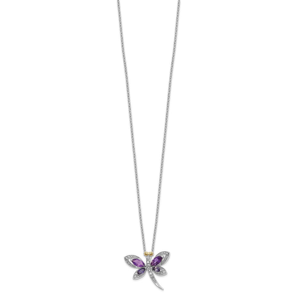 Brilliant Gemstones Sterling Silver with 14K Accent Rhodium-plated Amethyst and Iolite and Diamond Dragonfly 18 Inch Necklace with 2 Inch Extender