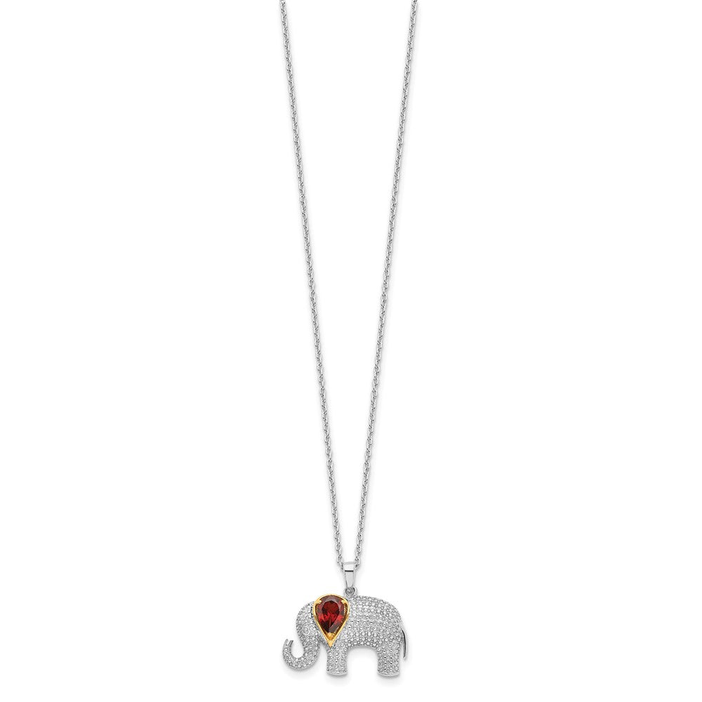 Brilliant Gemstones Sterling Silver with 14K Accent Rhodium-plated Garnet and Diamond Elephant 18 Inch Necklace with 2 Inch Extender