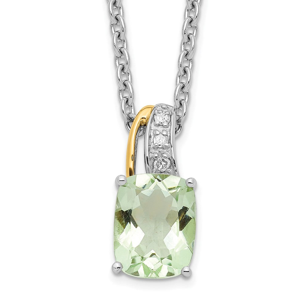 Brilliant Gemstones Sterling Silver with 14K Accent Rhodium-plated Green Quartz and Diamond 18 Inch Necklace with 2 Inch Extender