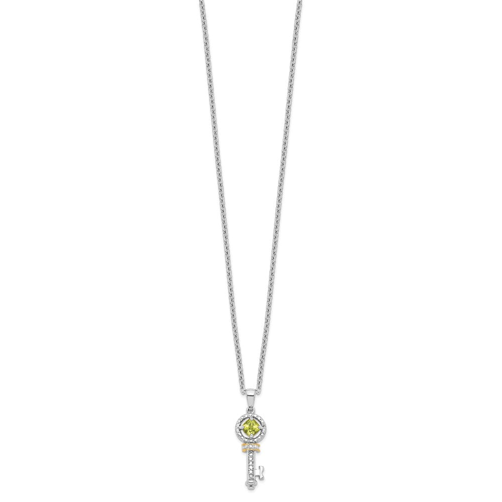 Brilliant Gemstones Sterling Silver with 14K Accent Rhodium-plated Peridot and Diamond Key 18 Inch Necklace with 2 Inch Extender