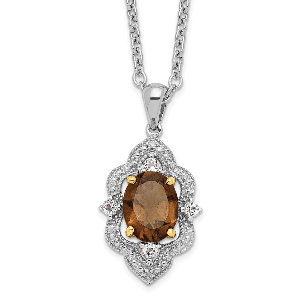 Brilliant Gemstones Sterling Silver with 14K Accent Rhodium-plated Smoky Quartz and White Topaz and Diamond 18 Inch Necklace with 2 Inch Extender