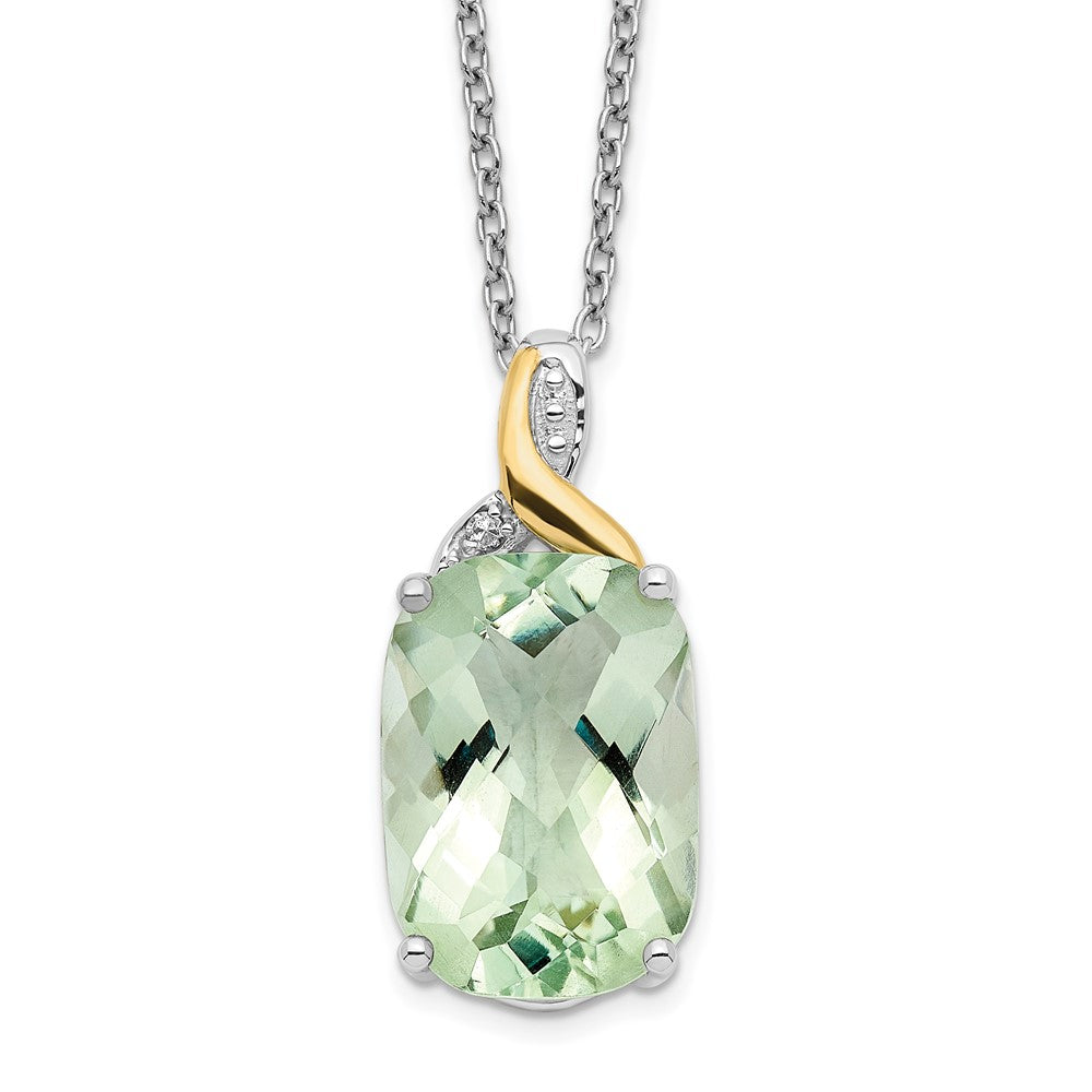 Brilliant Gemstones Sterling Silver with 14K Accent Rhodium-plated Green Quartz and Diamond 18 Inch Necklace with 2 Inch Extender