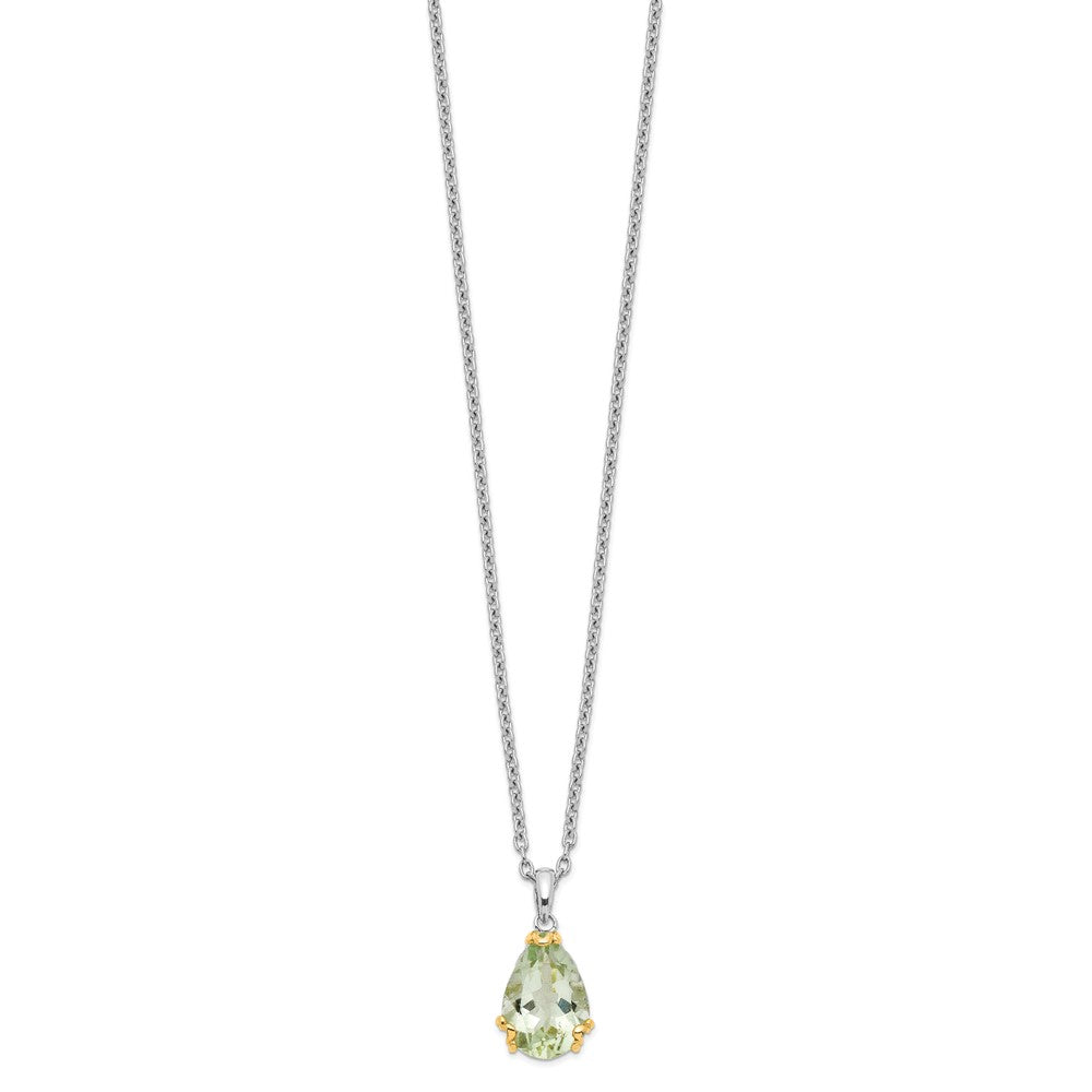 Brilliant Gemstones Sterling Silver with 14K Accent Rhodium-plated Green Quartz 18 Inch Necklace with 2 Inch Extender