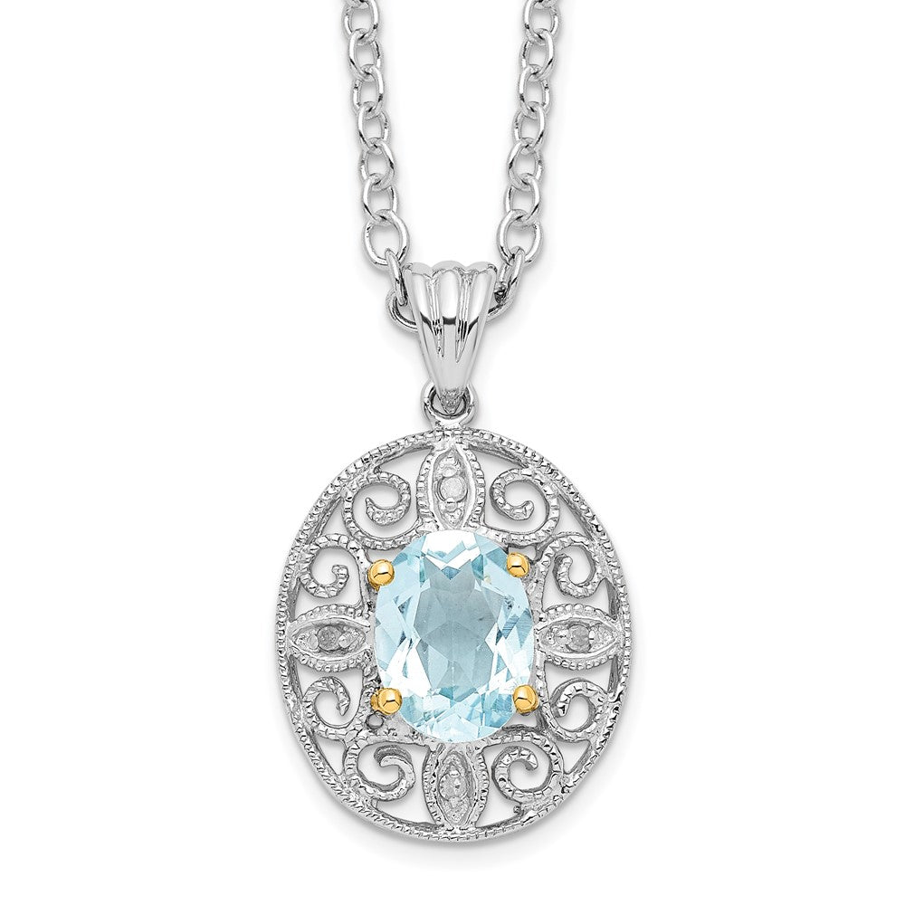 Brilliant Gemstones Sterling Silver with 14K Accent Rhodium-plated Sky Blue Topaz and Diamond 18 Inch Necklace with 2 Inch Extender