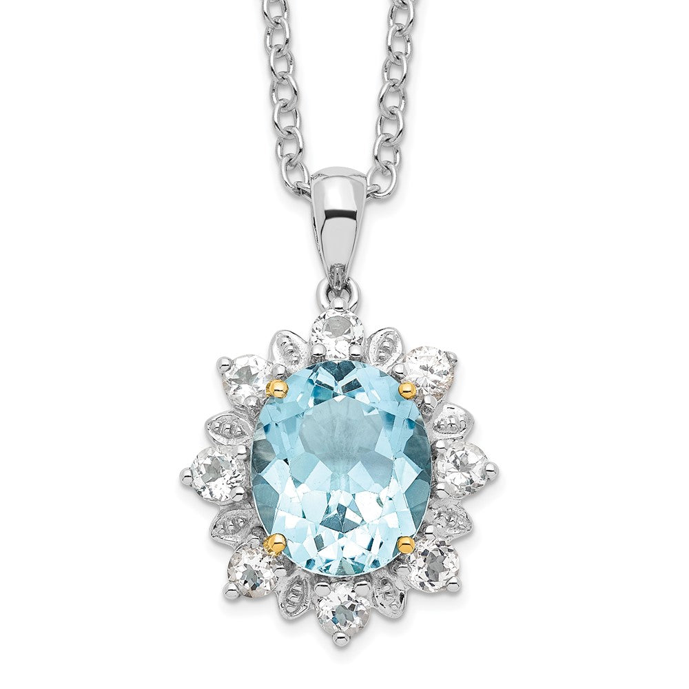 Brilliant Gemstones Sterling Silver with 14K Accent Rhodium-plated Sky Blue Topaz and White Topaz 18 Inch Necklace with 2 Inch Extender