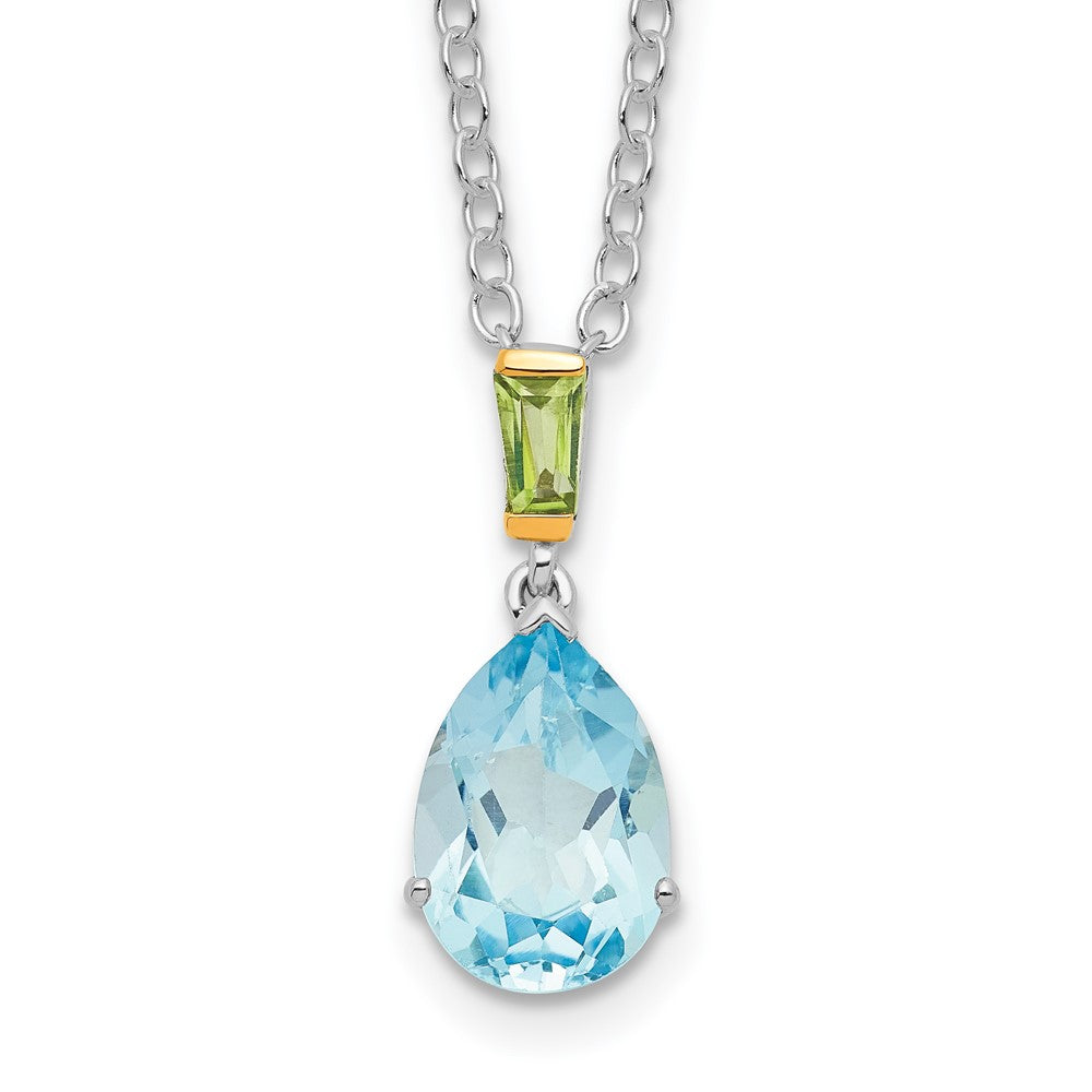 Brilliant Gemstones Sterling Silver with14K Accent Rhodium-plated Sky Blue Topaz and Peridot 18 Inch Necklace with 2 Inch Extender