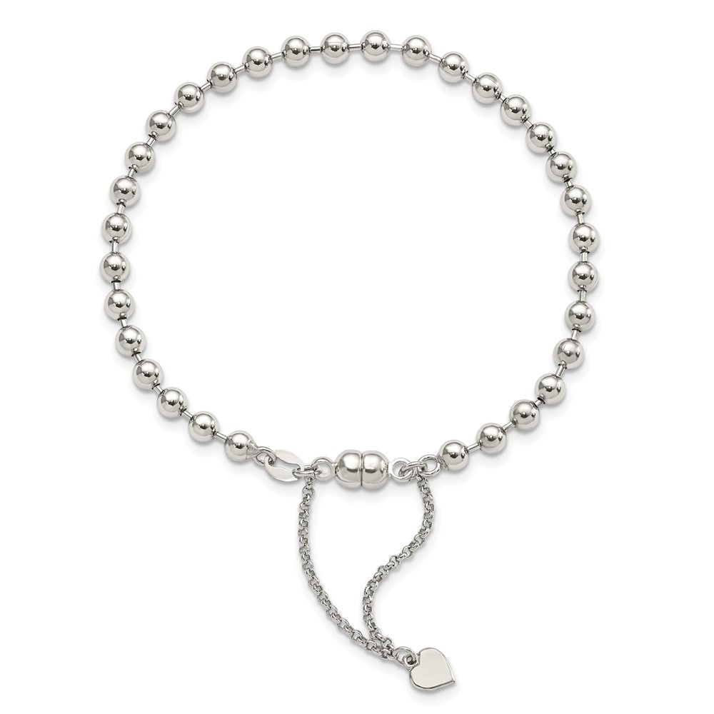 Amore La Vita Sterling Silver Rhodium-plated Polished 4MM Beaded Dangling Heart Charm Bracelet with Magnetic Clasp