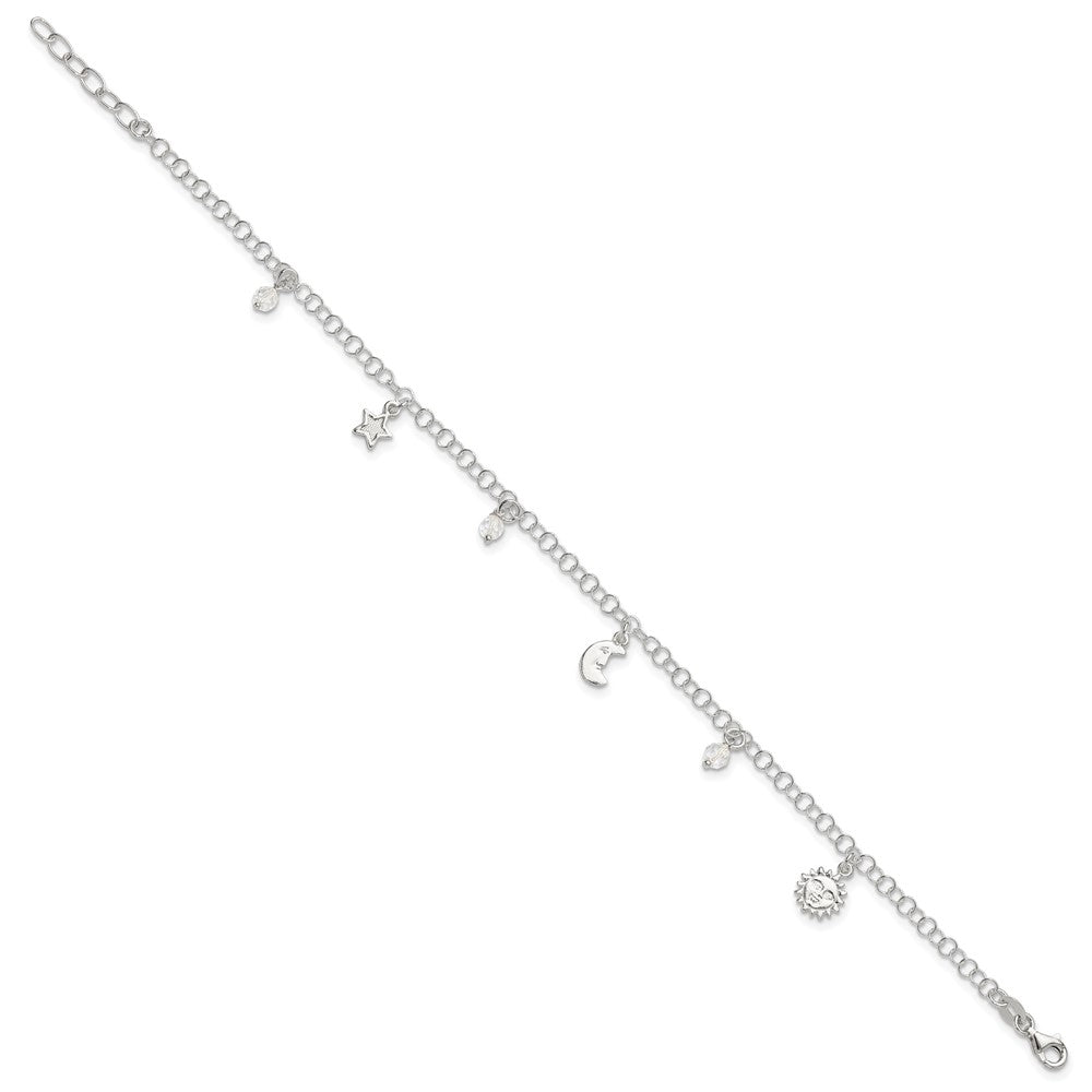 Sterling Silver Polished Sun Moon and Stars Plus Ext. Anklet