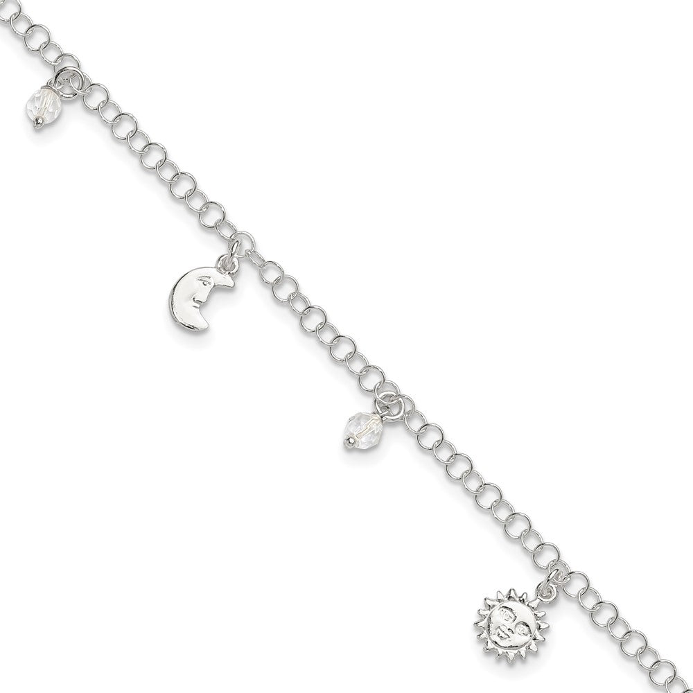 Sterling Silver Polished Sun Moon and Stars Plus Ext. Anklet