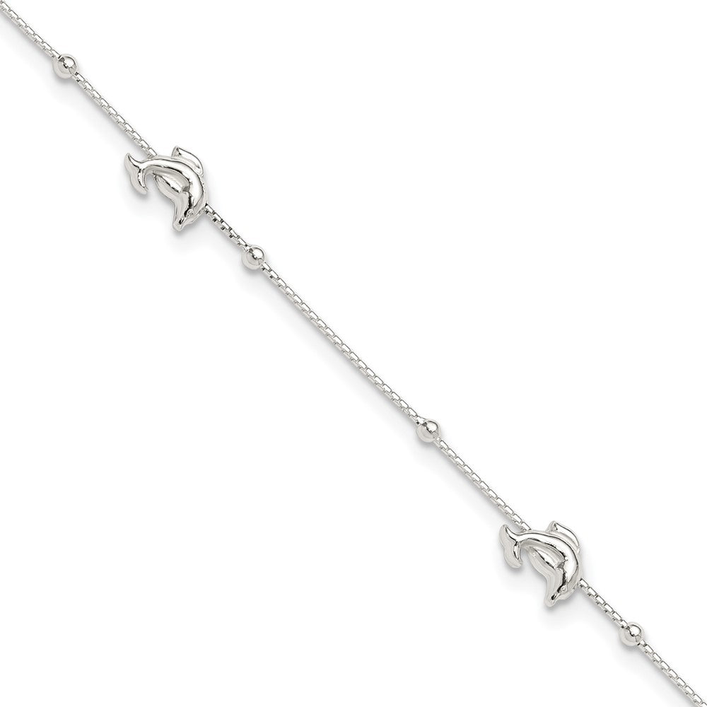 Sterling Silver Dolphins and Beads 4-Station Plus Extender - Total Anklet