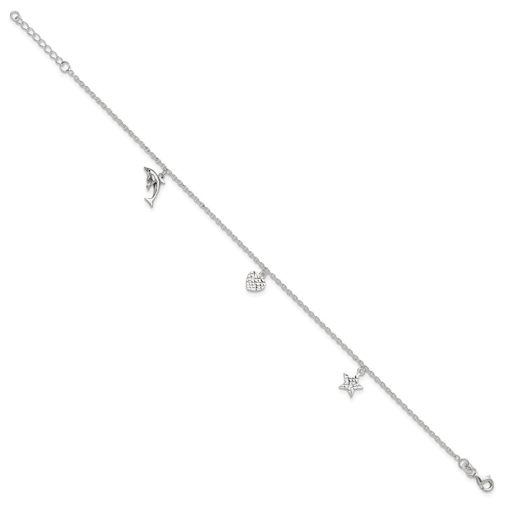 Sterling Silver Polished Heart, Star and Dolphin Plus Ext. Anklet