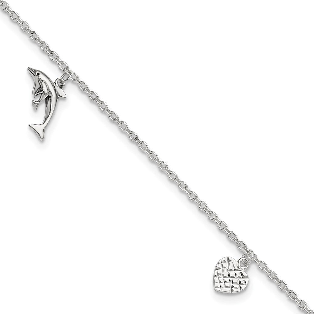 Sterling Silver Polished Heart, Star and Dolphin Plus Ext. Anklet