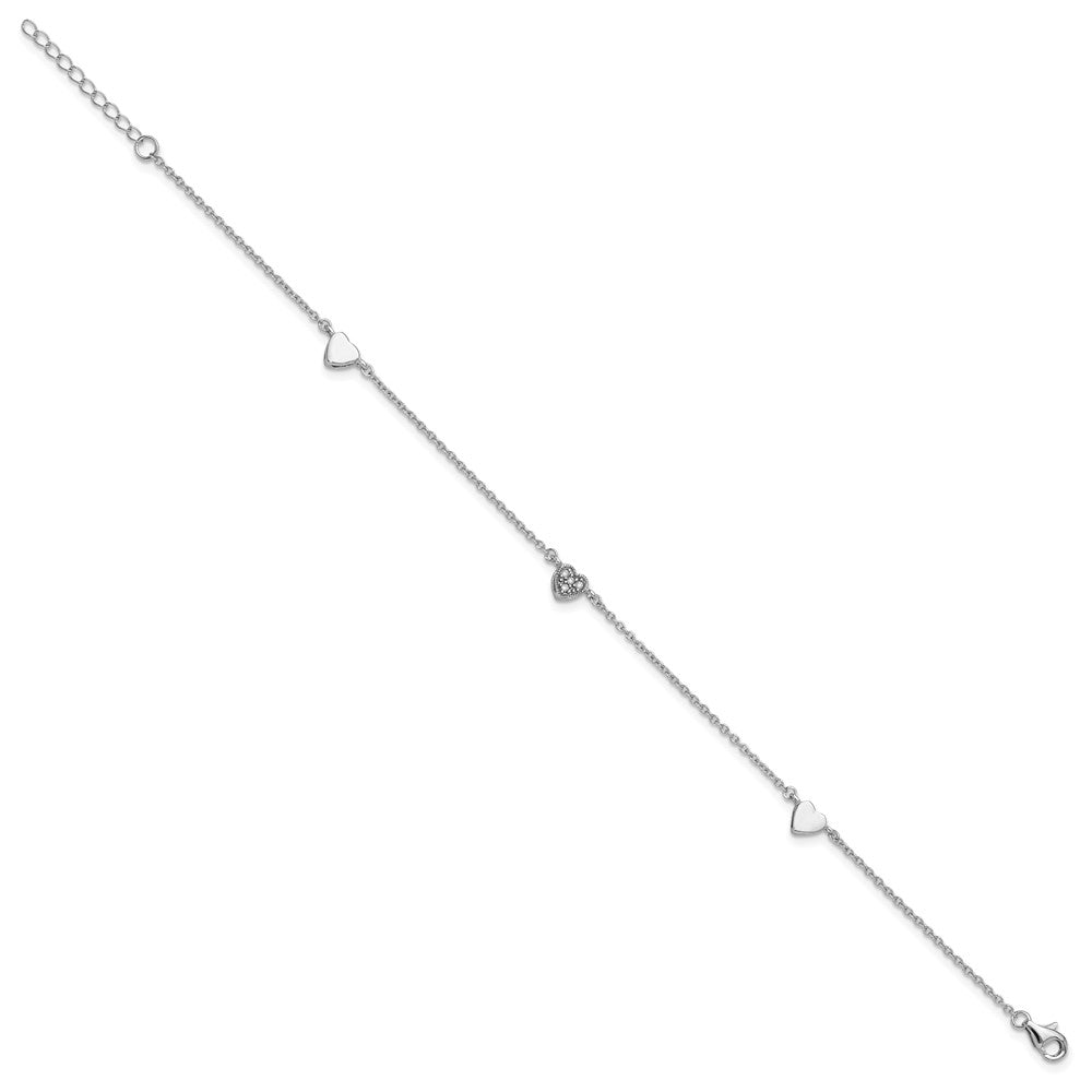 Sterling Silver Rhodium-plated CZ Plus Ext Heart Anklet