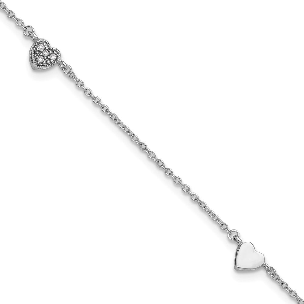 Sterling Silver Rhodium-plated CZ Plus Ext Heart Anklet