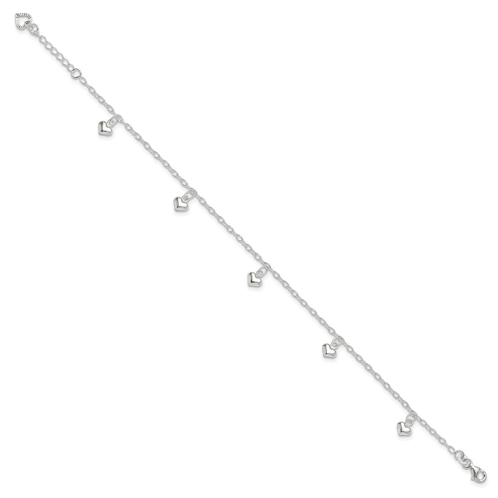 Sterling Silver Puffed Heart Charms Plus Extender - Total Anklet