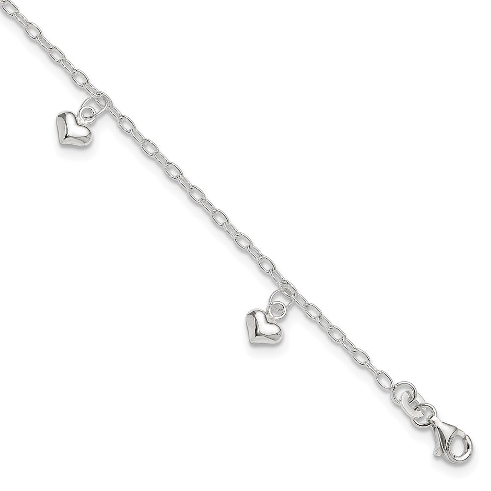 Sterling Silver Polished Puffed Heart Plus Ext Anklet