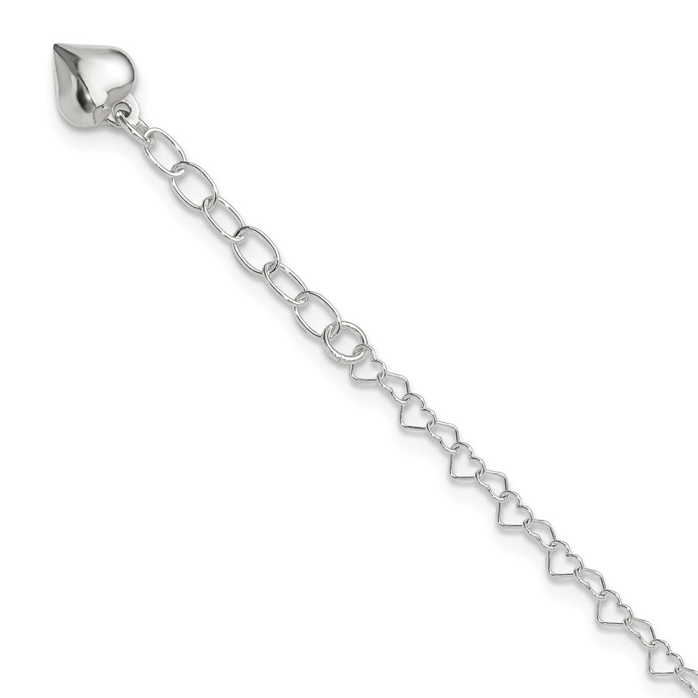 Sterling Silver Polished Puffed Heart Plus ext. Anklet