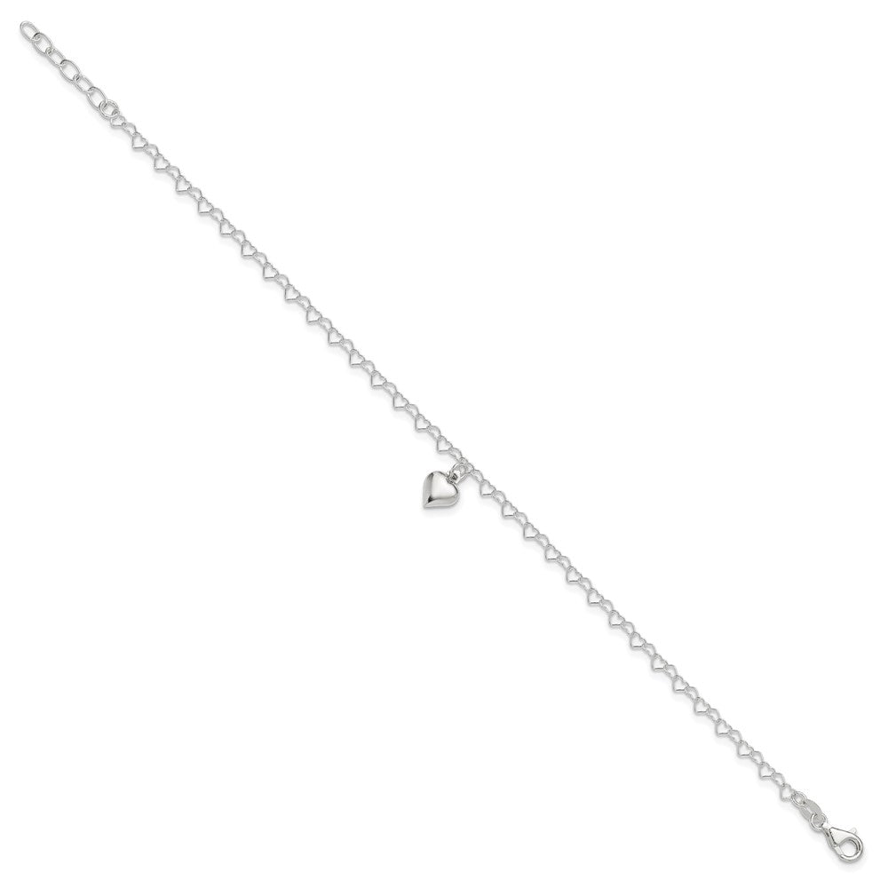 Sterling Silver Polished Fancy Link Puffed Heart Plus ext. Anklet