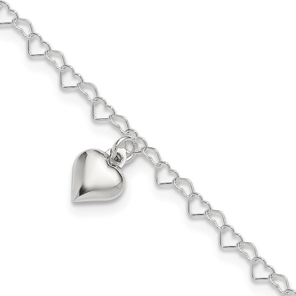 Sterling Silver Polished Fancy Link Puffed Heart Plus ext. Anklet