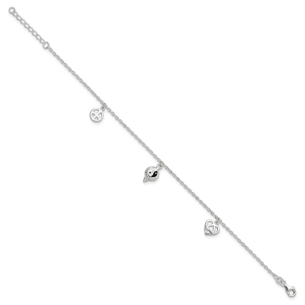 Sterling Silver Polished Hearts and Peace Sign Plus Ext Anklet