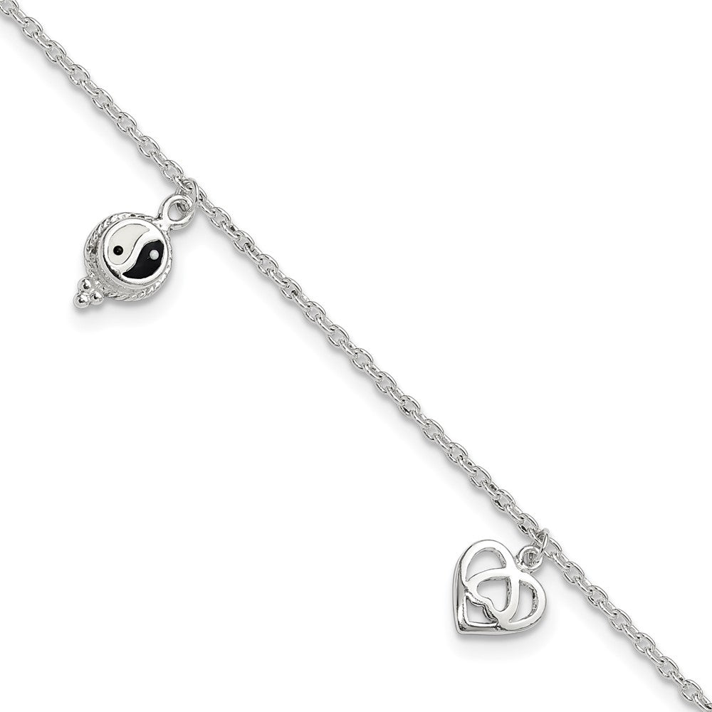 Sterling Silver Polished Hearts and Peace Sign Plus Ext Anklet