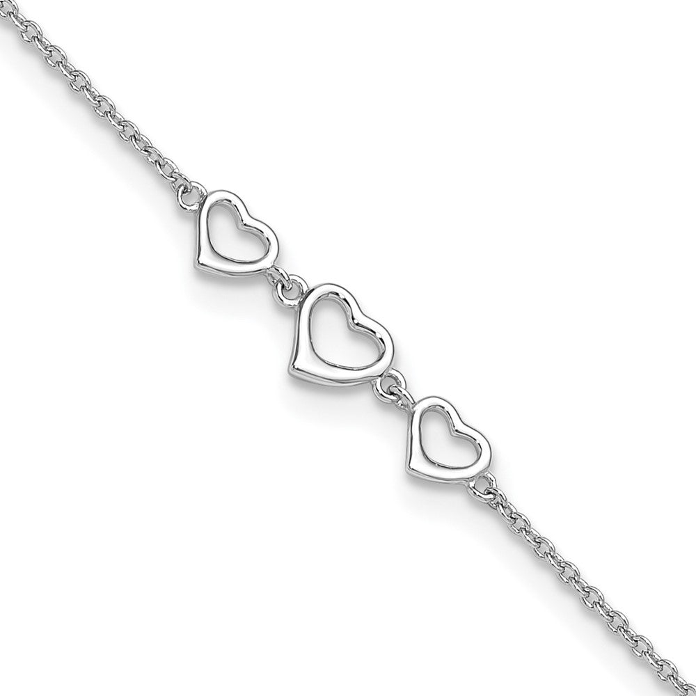 Sterling Silver Rhodium-plated Plus ext Three Hearts Anklet